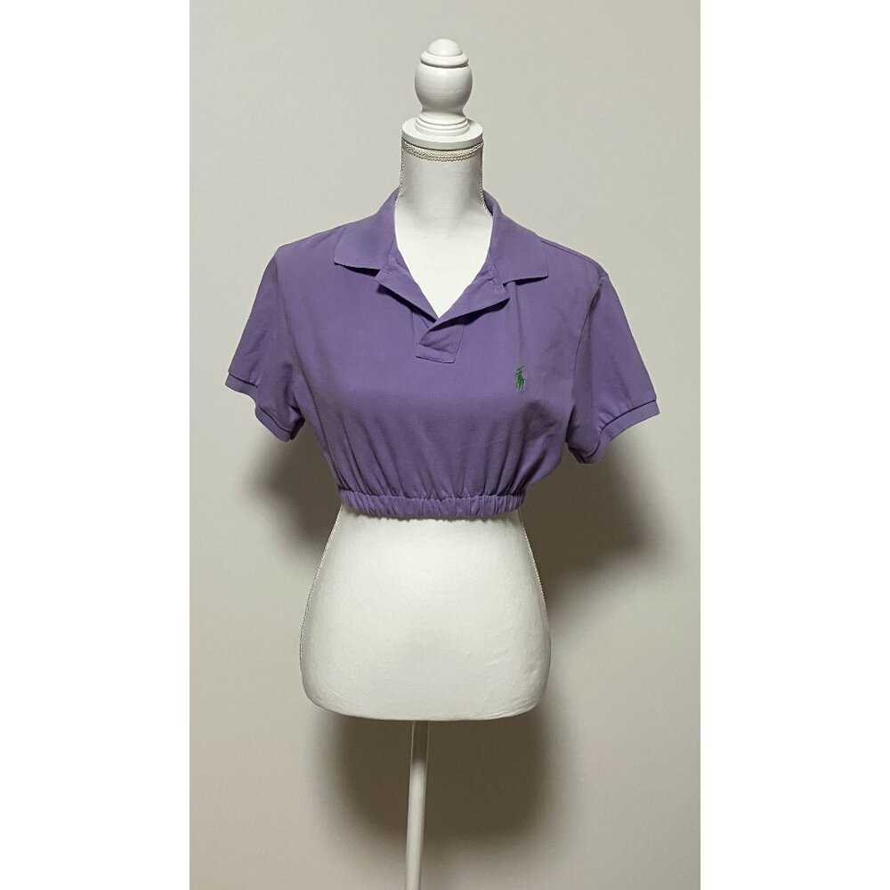 Polo Crop Top Custom Rework, Purple, Size Small (See Desc), Cinch/Elastic Bottom
